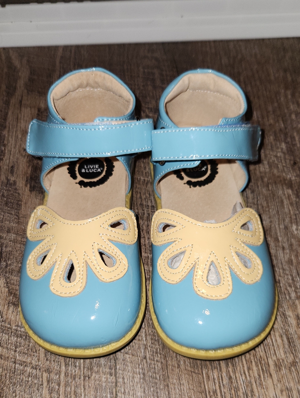 Livie & Luca Light Blue Patent Mary Janes with Tan Applique